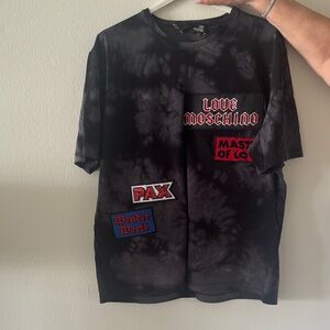 Love Moschino Tie-Dye Black T-Shirt with Red and White Patches NWOT